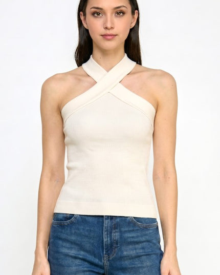 Fitted Halter Tank Top – Criss Cross Front Detail
