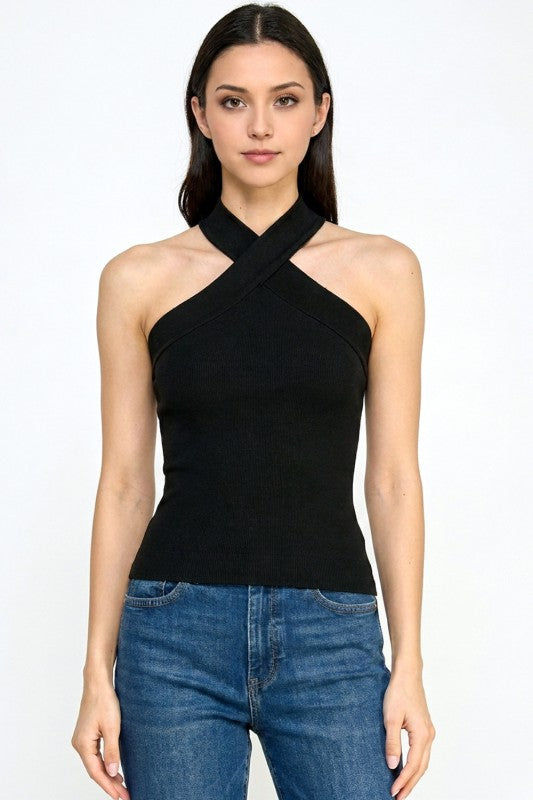 Fitted Halter Tank Top – Criss Cross Front Detail