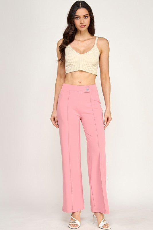 YC38X Plus Size Button-Trimmed – High Rise Pleated Pants