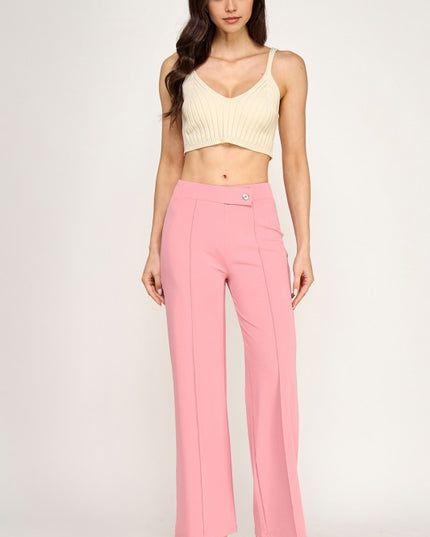 YC38 High Rise Pleated Pants – Button Detail Chic Style