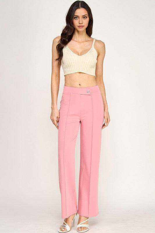 YC38X Plus Size Button-Trimmed – High Rise Pleated Pants