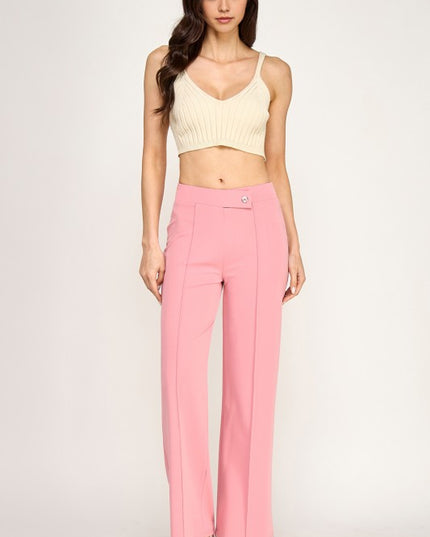 YC38 High Rise Pleated Pants – Button Detail Chic Style