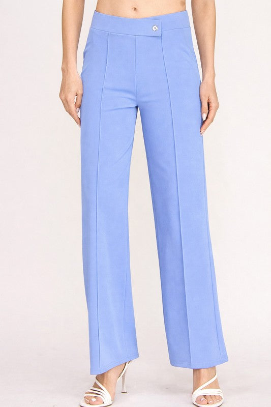 YC38 BUTTON TRIMMED SOLID PLEATED HIGH RISE PANTS