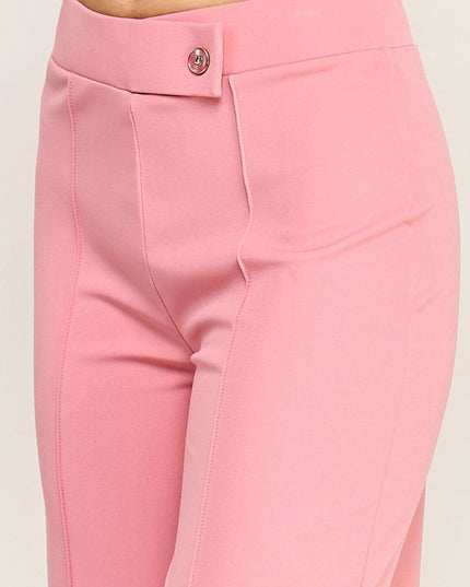 YC38 High Rise Pleated Pants – Button Detail Chic Style