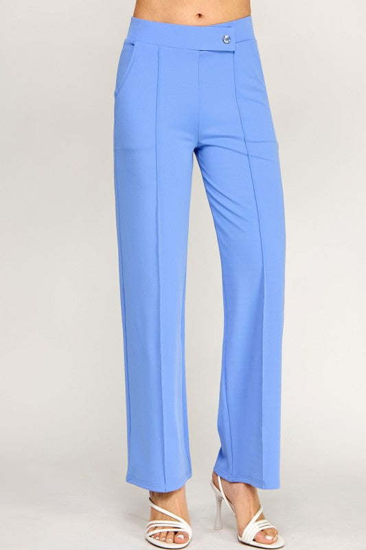 Plus Size Pleated High Rise Pants – Button Trim Relaxed Fit
