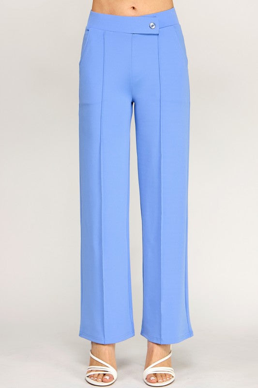 Plus Size Pleated High Rise Pants – Button Trim Relaxed Fit