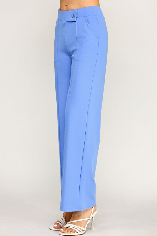 YC39 BUTTON TRIMMED SOLID PLEATED HIGH RISE PANTS