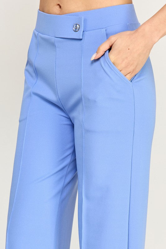 YC39 BUTTON TRIMMED SOLID PLEATED HIGH RISE PANTS