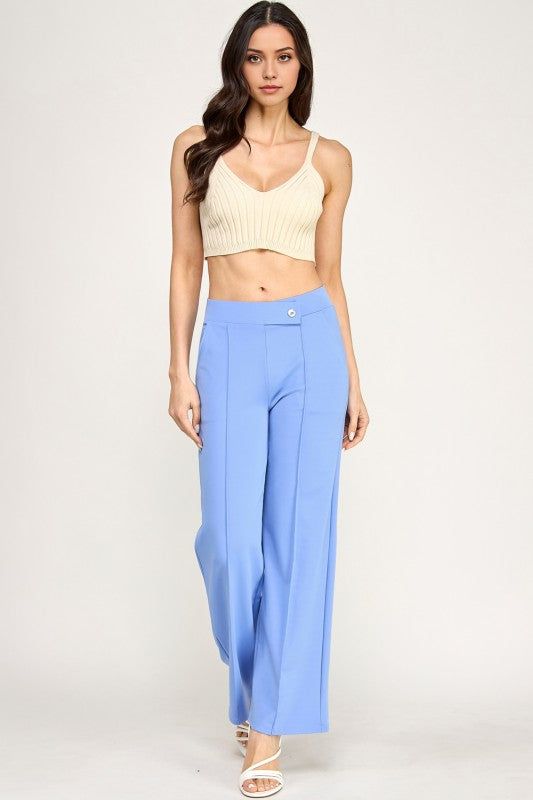 YC39 BUTTON TRIMMED SOLID PLEATED HIGH RISE PANTS