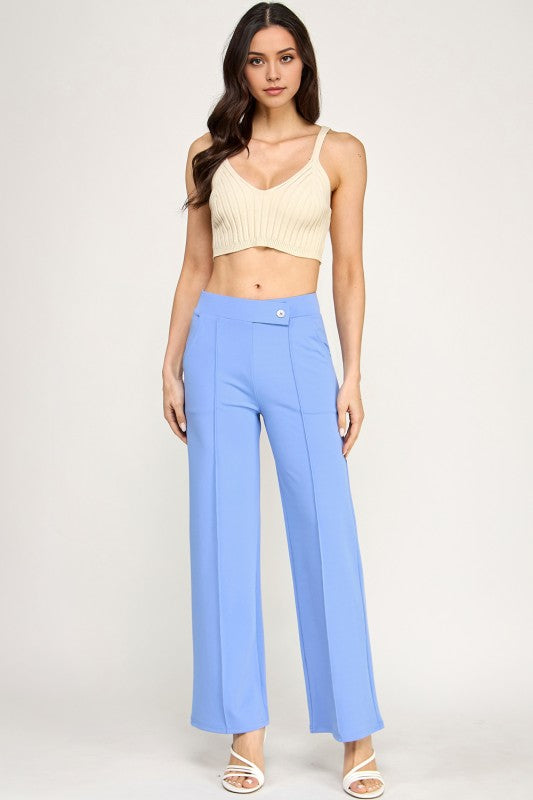 Plus Size Pleated High Rise Pants – Button Trim Relaxed Fit