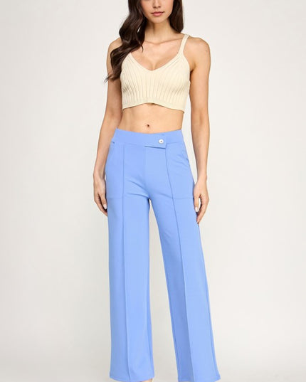 Plus Size Pleated High Rise Pants – Button Trim Relaxed Fit