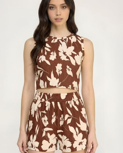 Floral Print Crinkle Crop Top Set – Relaxed Fit