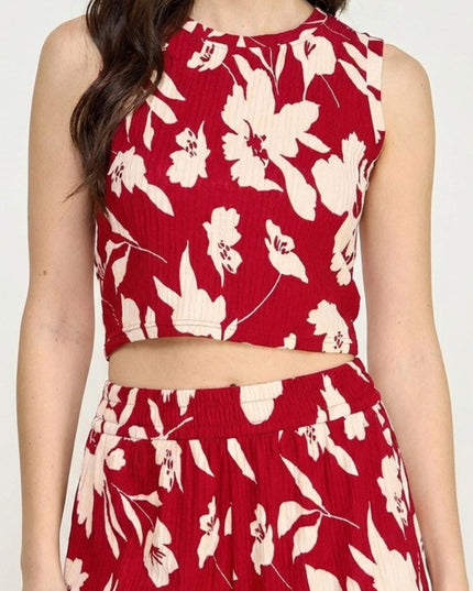 Floral Print Crinkle Crop Top Set – Relaxed Fit