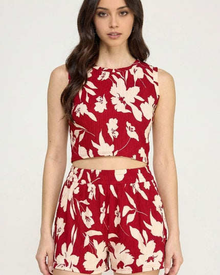 Floral Print Crinkle Crop Top Set – Relaxed Fit