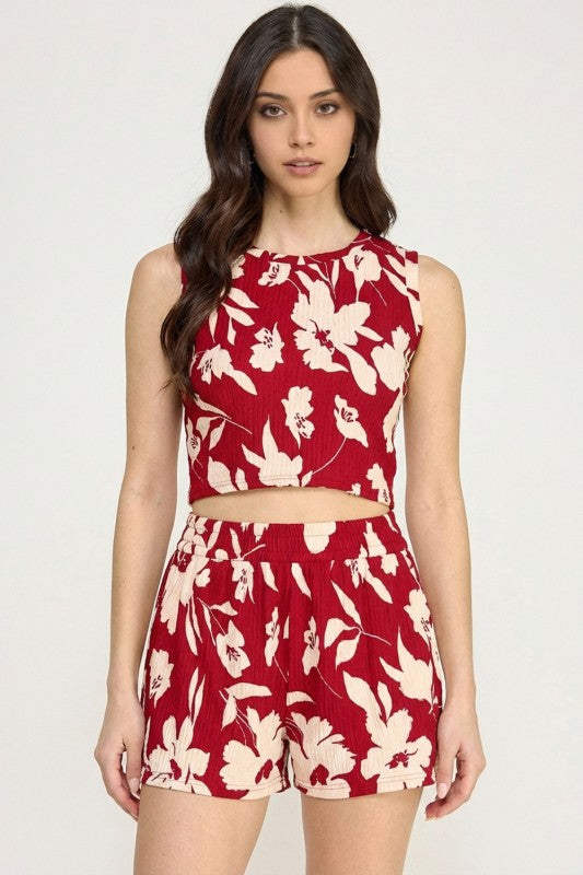Floral Print Crinkle Crop Top Set – Relaxed Fit