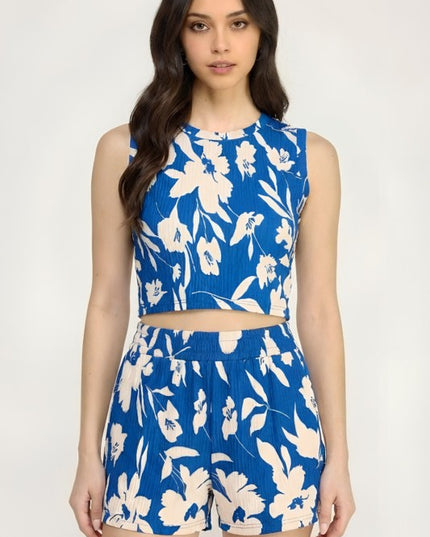 Floral Print Crinkle Crop Top Set – Relaxed Fit