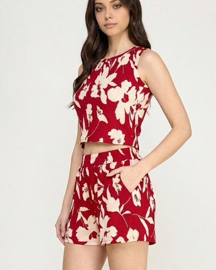 Floral Print Crinkle Crop Top Set – Relaxed Fit