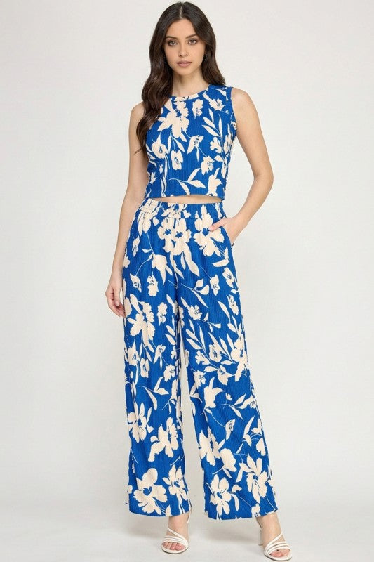 HK512 FLORAL PRINT CRINKLE CROP TOP 2-PIECE PANT SETS