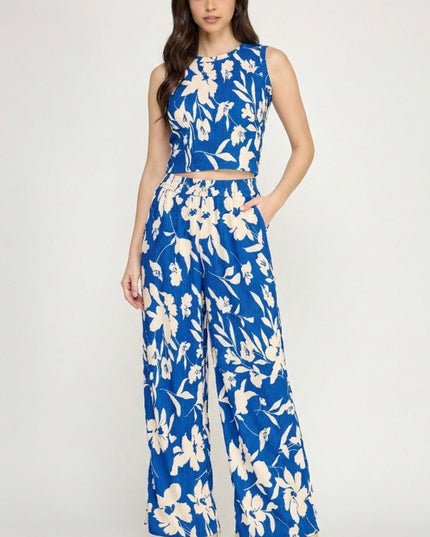 HK512 FLORAL PRINT CRINKLE CROP TOP 2-PIECE PANT SETS