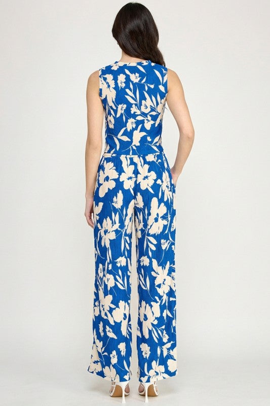 HK512 FLORAL PRINT CRINKLE CROP TOP 2-PIECE PANT SETS