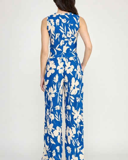 HK512 FLORAL PRINT CRINKLE CROP TOP 2-PIECE PANT SETS