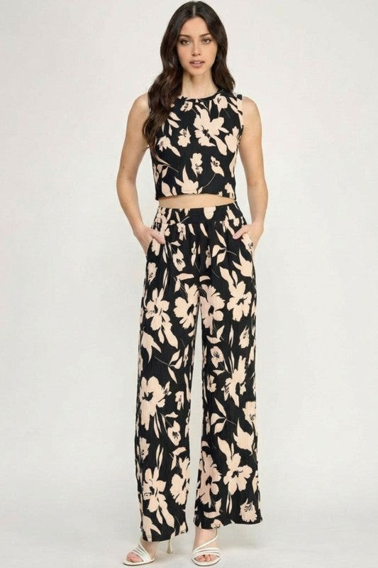 HK512 FLORAL PRINT CRINKLE CROP TOP 2-PIECE PANT SETS