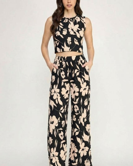 HK512 FLORAL PRINT CRINKLE CROP TOP 2-PIECE PANT SETS