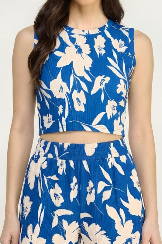 HK512 FLORAL PRINT CRINKLE CROP TOP 2-PIECE PANT SETS