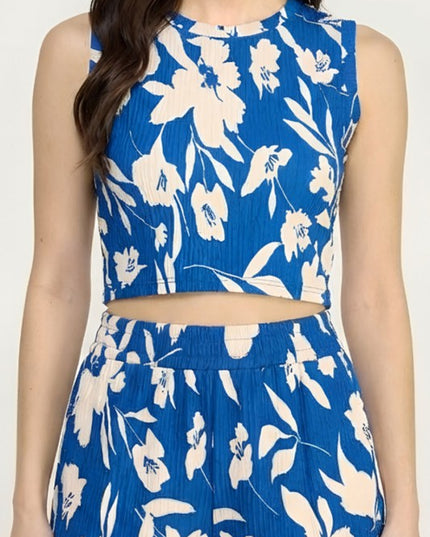 HK512 FLORAL PRINT CRINKLE CROP TOP 2-PIECE PANT SETS
