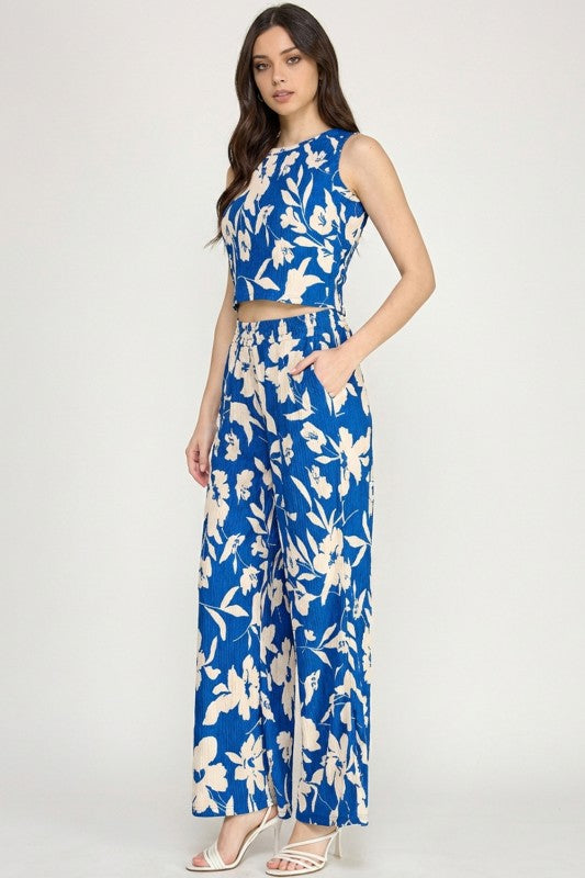 HK512 FLORAL PRINT CRINKLE CROP TOP 2-PIECE PANT SETS