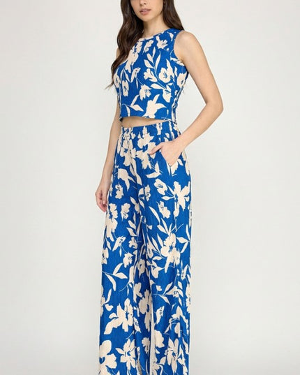 HK512 FLORAL PRINT CRINKLE CROP TOP 2-PIECE PANT SETS