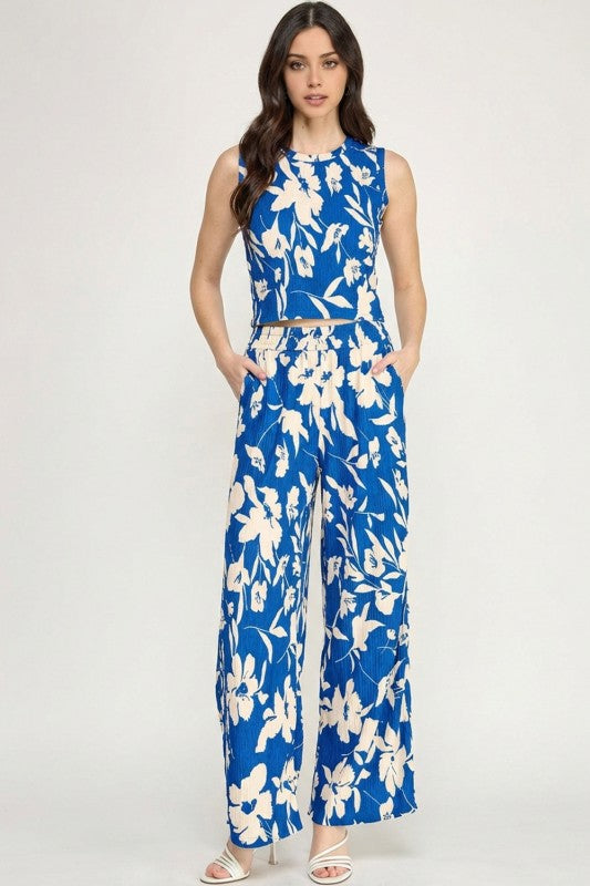 HK512 FLORAL PRINT CRINKLE CROP TOP 2-PIECE PANT SETS