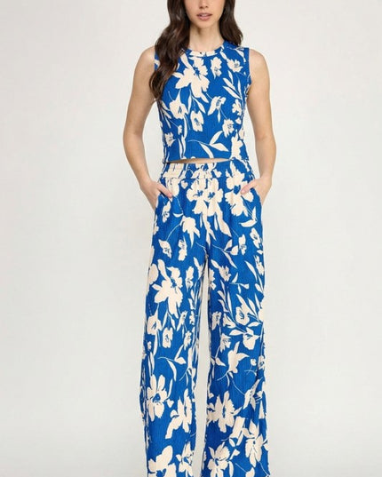 HK512 FLORAL PRINT CRINKLE CROP TOP 2-PIECE PANT SETS