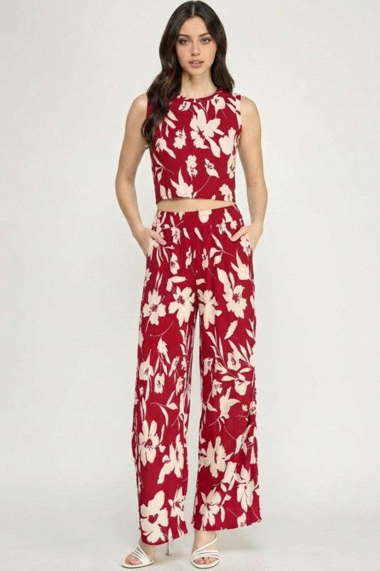 HK512 FLORAL PRINT CRINKLE CROP TOP 2-PIECE PANT SETS