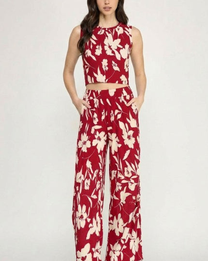 HK512 FLORAL PRINT CRINKLE CROP TOP 2-PIECE PANT SETS