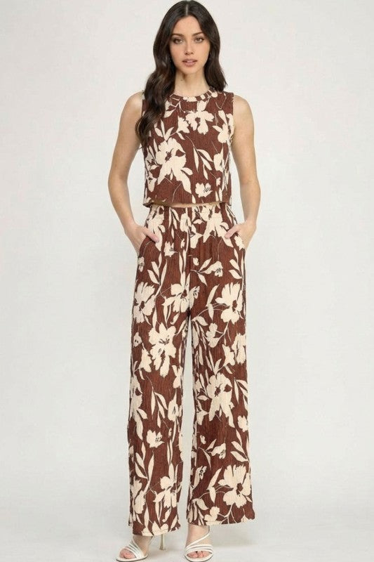 HK512 FLORAL PRINT CRINKLE CROP TOP 2-PIECE PANT SETS