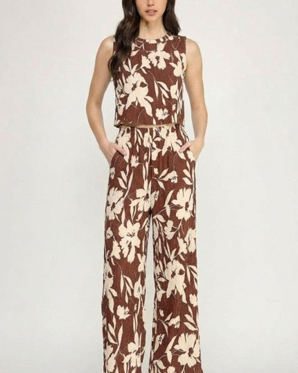 HK512 FLORAL PRINT CRINKLE CROP TOP 2-PIECE PANT SETS