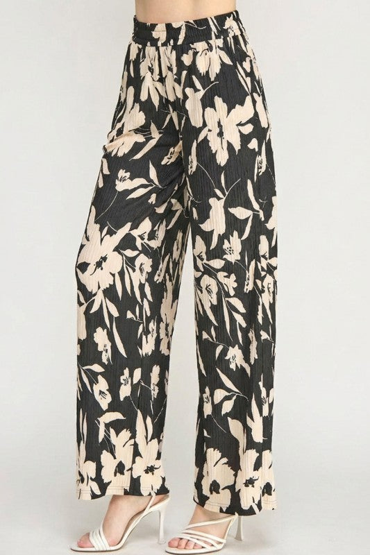 HK17 Floral Print Crinkle Pants – Lightweight Straight Leg Fit