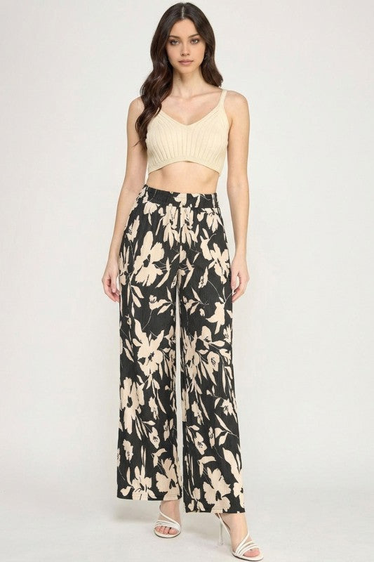HK17 Floral Print Crinkle Pants – Lightweight Straight Leg Fit