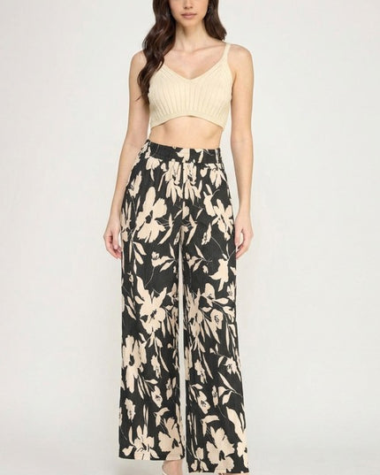 Floral Print Crinkle Pants – Lightweight Straight Leg Fit