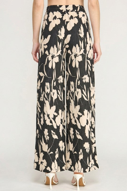 HK17 Floral Print Crinkle Pants – Lightweight Straight Leg Fit