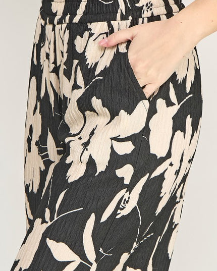 Floral Print Crinkle Pants – Lightweight Straight Leg Fit