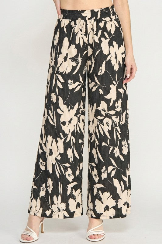 HK17 Floral Print Crinkle Pants – Lightweight Straight Leg Fit
