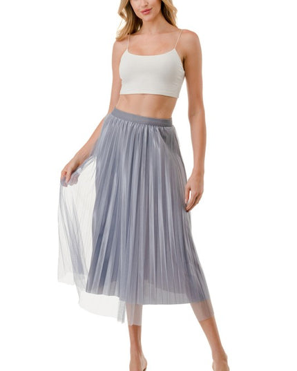 Mesh Pleated Long Skirt – High Waist Sheer Flow Maxi