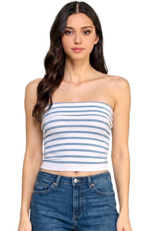 317ST Striped Side Ruched Tube Top – Slim Fit Summer Top