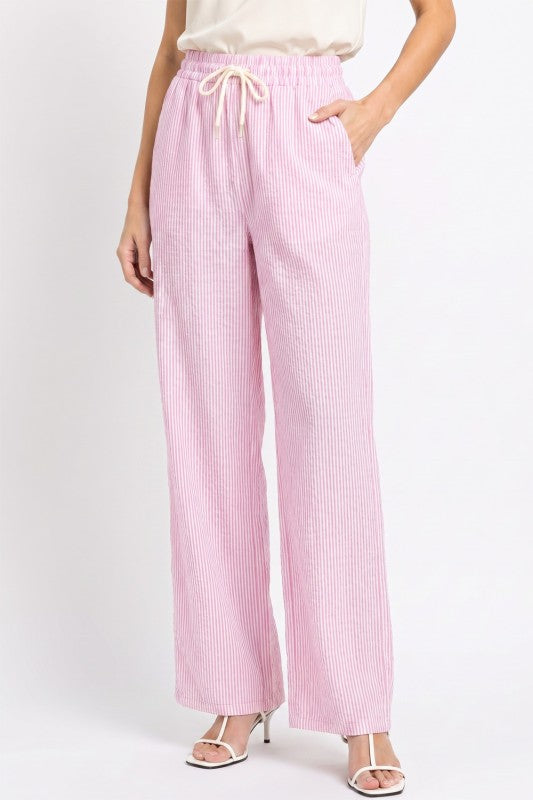 Striped Straight Leg Pants – Drawstring Waist Casual
