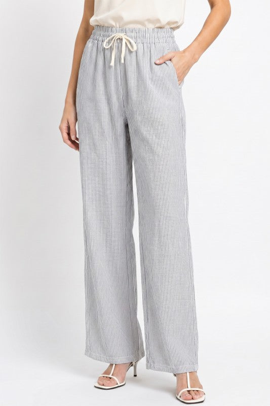 Striped Straight Leg Pants – Drawstring Waist Casual