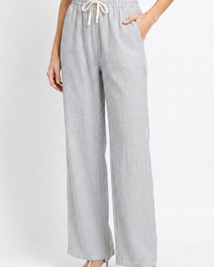 Striped Straight Leg Pants – Drawstring Waist Casual