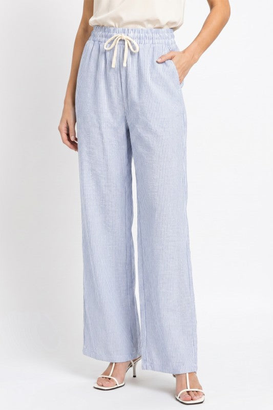 Striped Straight Leg Pants – Drawstring Waist Casual