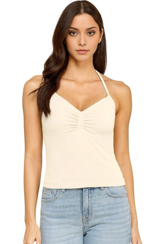 Ruched Halter Neck Tank Top – Slim Fit Stretch Style